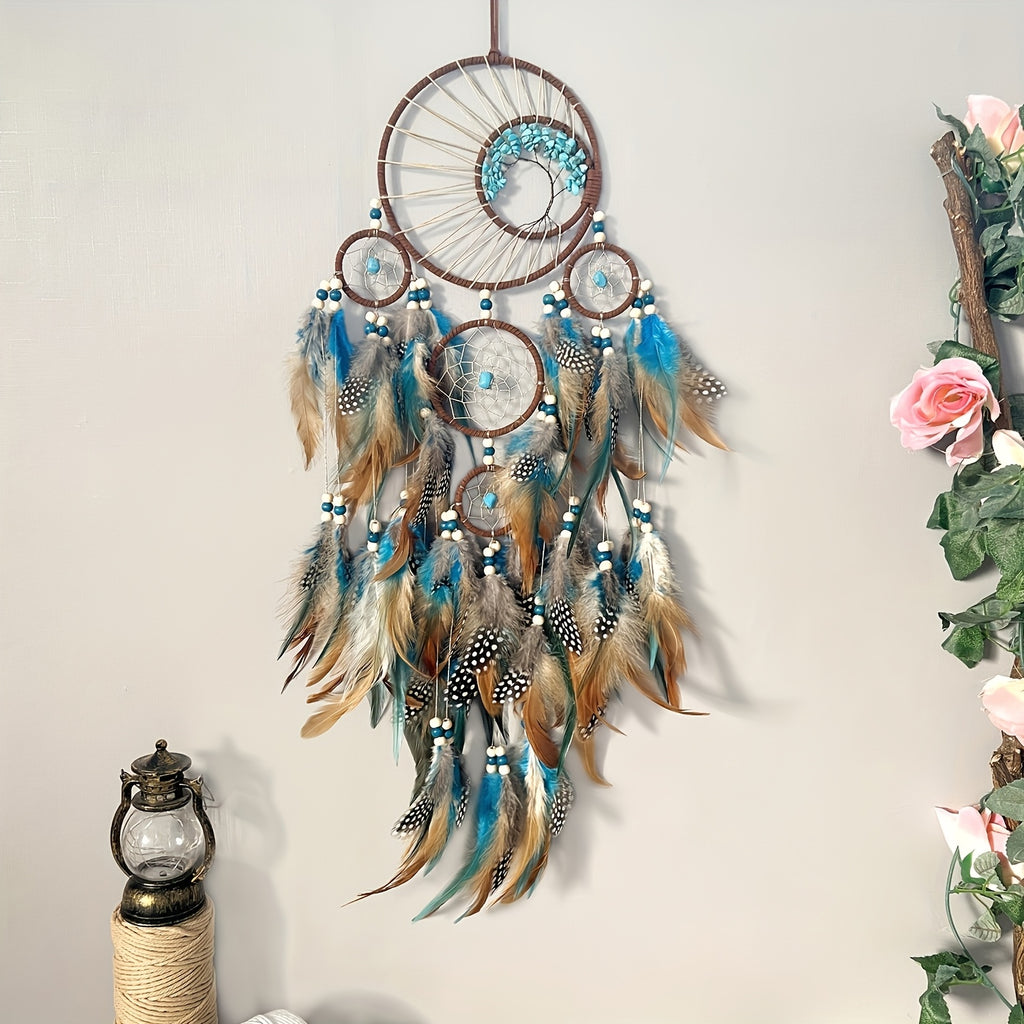 Handmade Feather Dream Catcher with Vibrant Blue, Green, and Brown Feathers – Tree of Life Wall Hanging Decor, Bohemian Style, Perfect for Christmas or Fairy Tale Themed Rooms, Feather Decor
